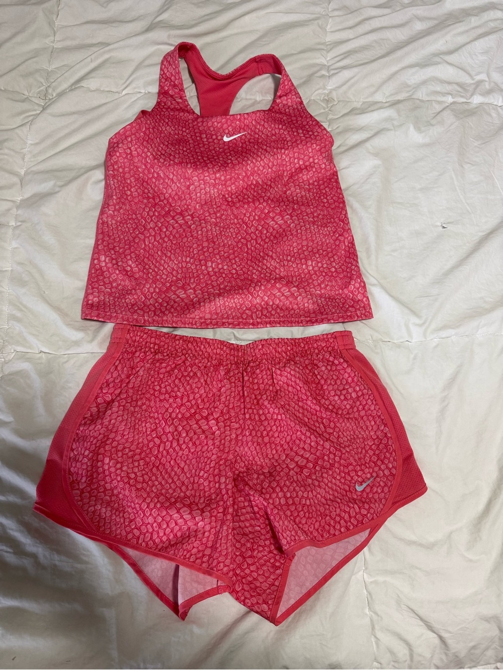 Nike Pink Patterned Racerback Tank and Running Shorts Set